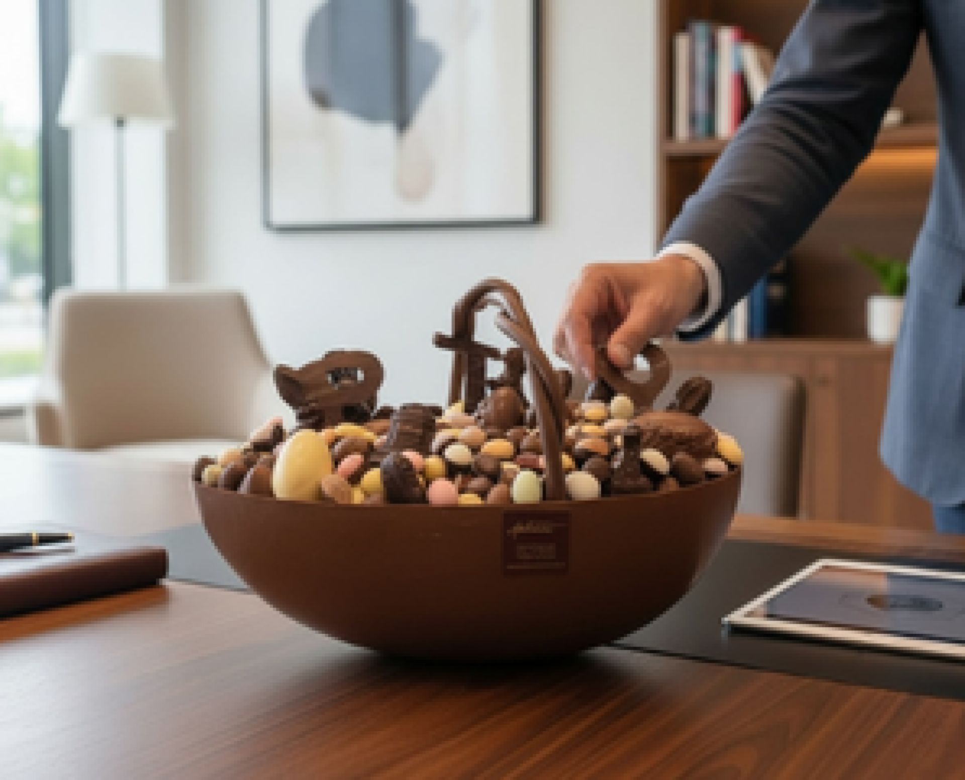 Groot zakelijk chocoladegeschenk op een vergadertafel